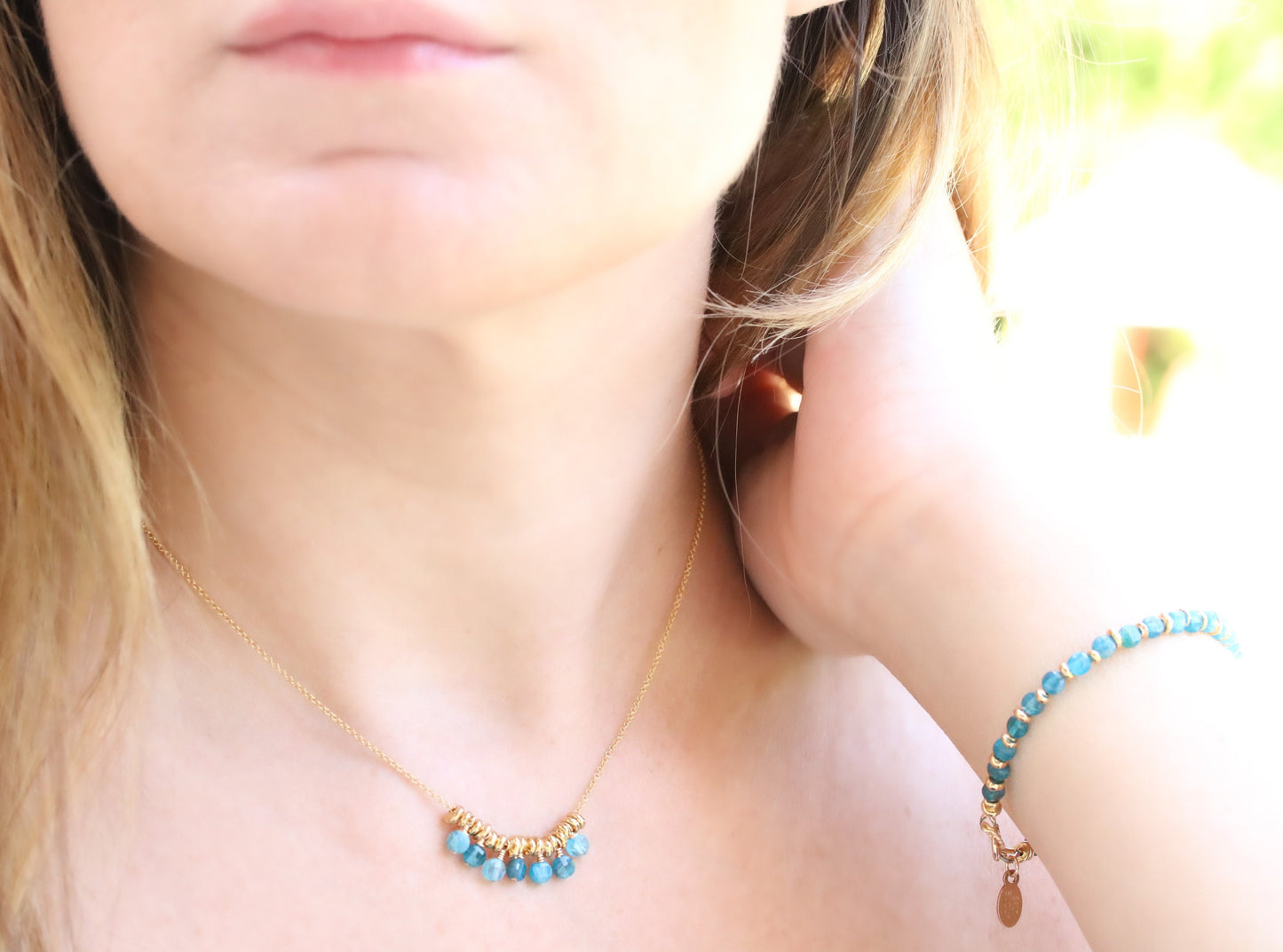 Apatite Gemstone Necklace: 14k Gold Filled Charm, Handmade in France
