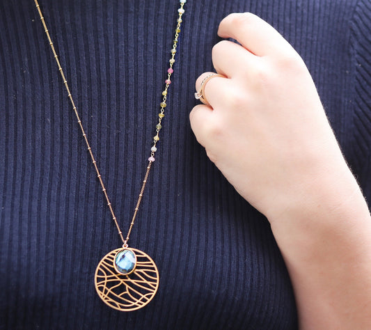 Labradorite Gold Dreamcatcher Necklace: Asymmetric Tourmaline Gemstone, Handmade in Paris