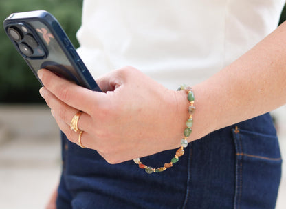 Indian Agate Phone Charm: Gold Vermeil Beaded Phone Lanyard, Handmade in France