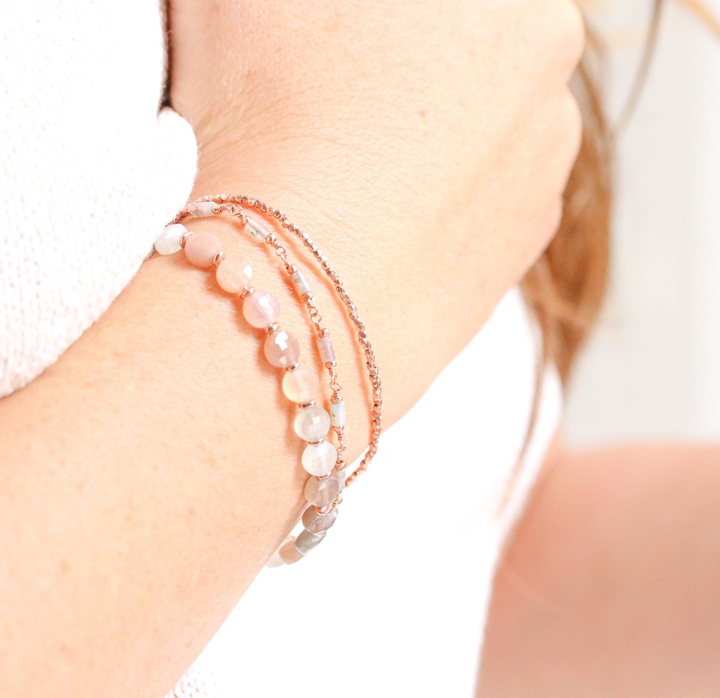 Pastel Pink Mint Agate Bracelet: Rose Gold Vermeil Chain, Dainty Jewelry