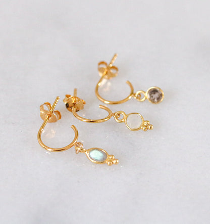 Moonstone, Labradorite & Smoky Quartz Gold Vermeil Huggie Hoop Earrings