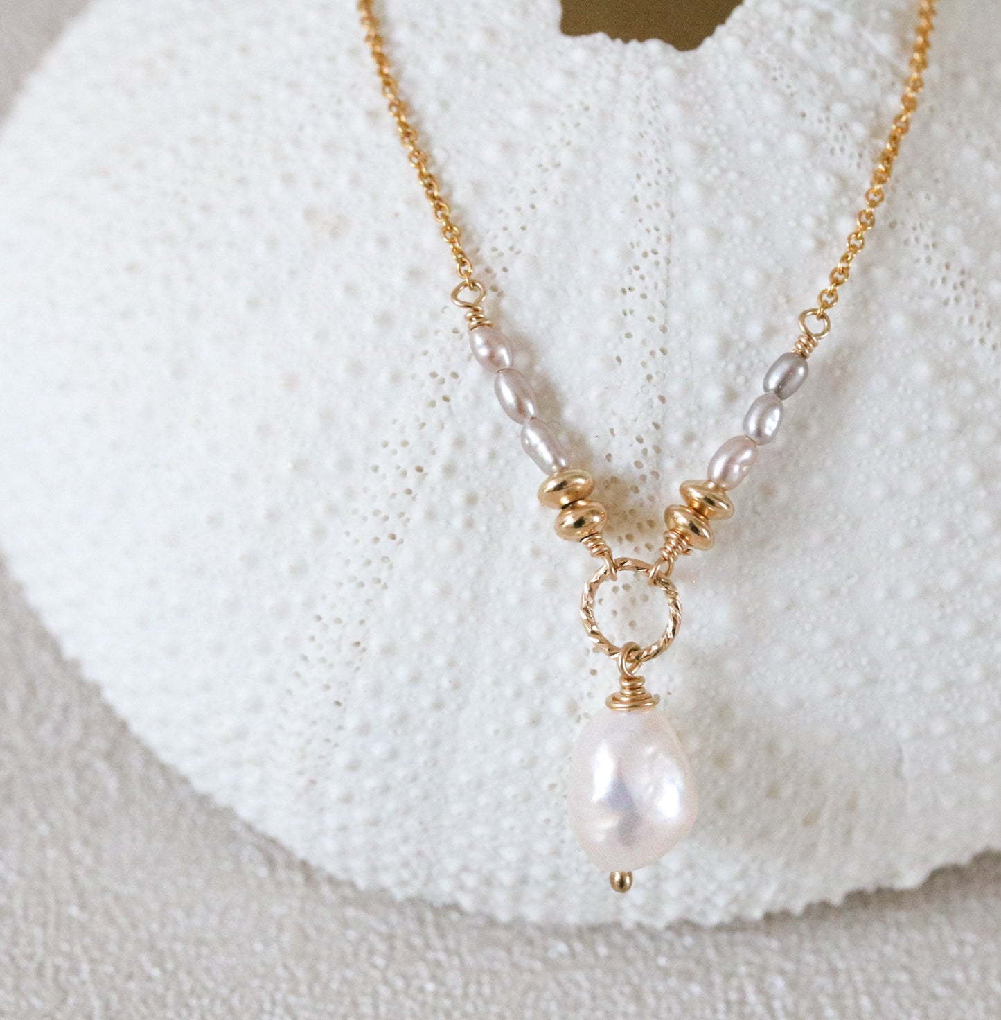 Handmade White Freshwater Pearl Necklace: Hammered Gold Link, June Birthstone