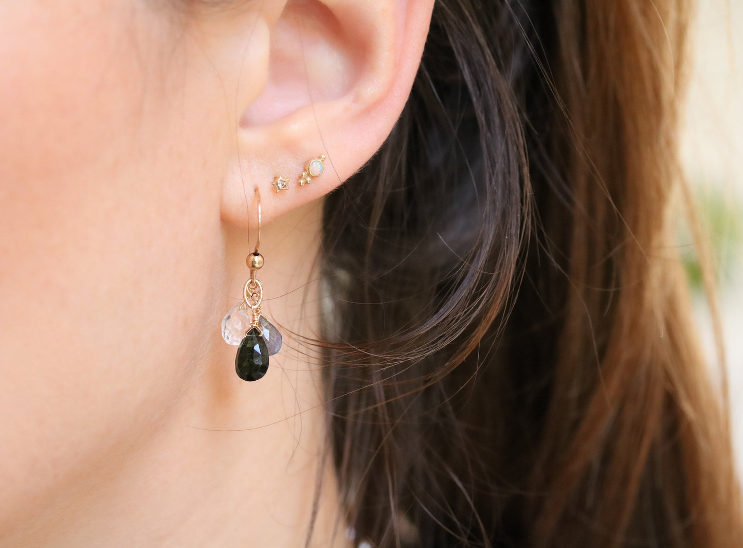 Dainty Tourmaline Quartz Gemstone Earrings: Gold Filled Teardrop Links