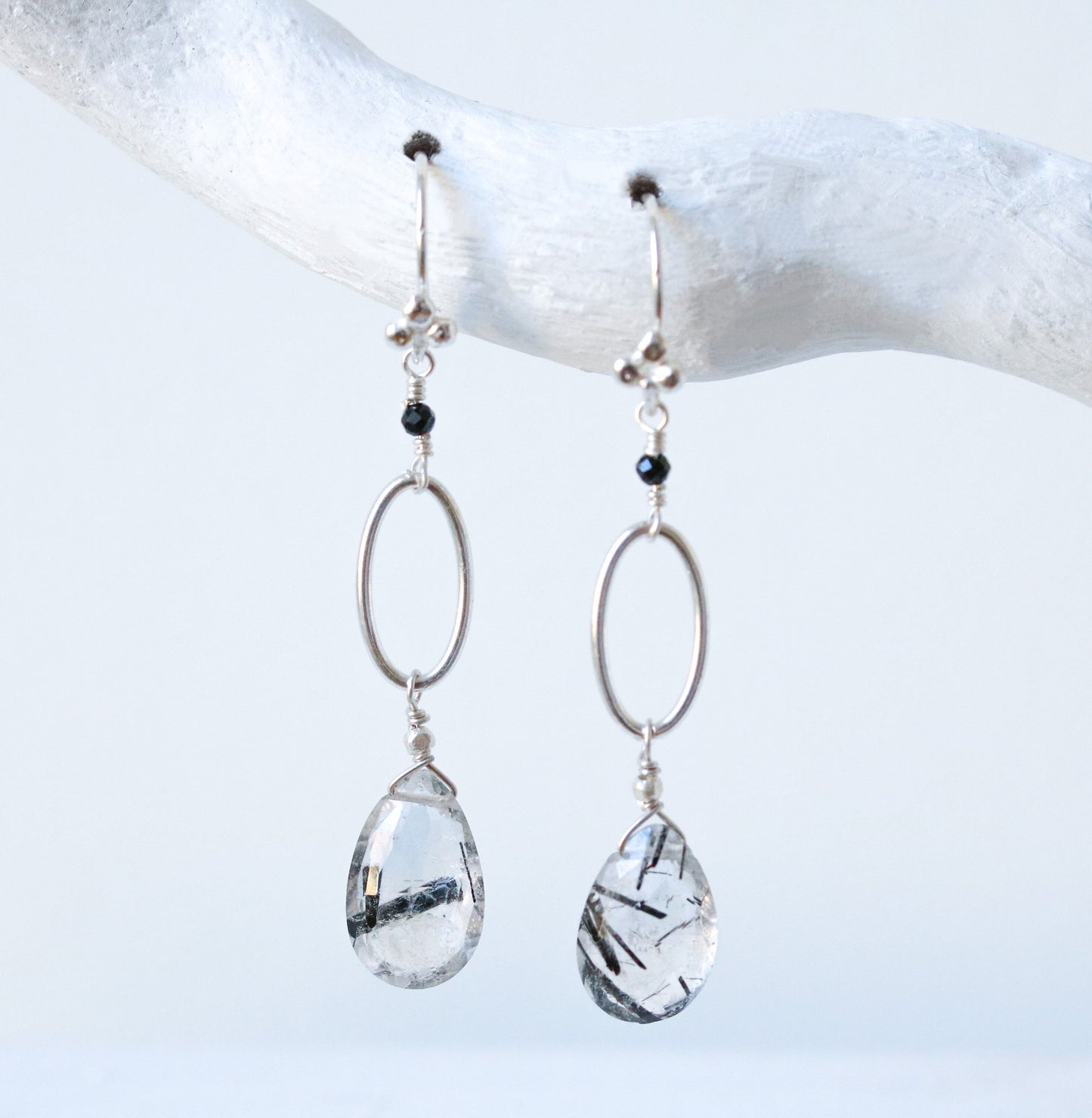 Handmade Rutilated Quartz Sterling Silver Drop Earrings - Modern French Design