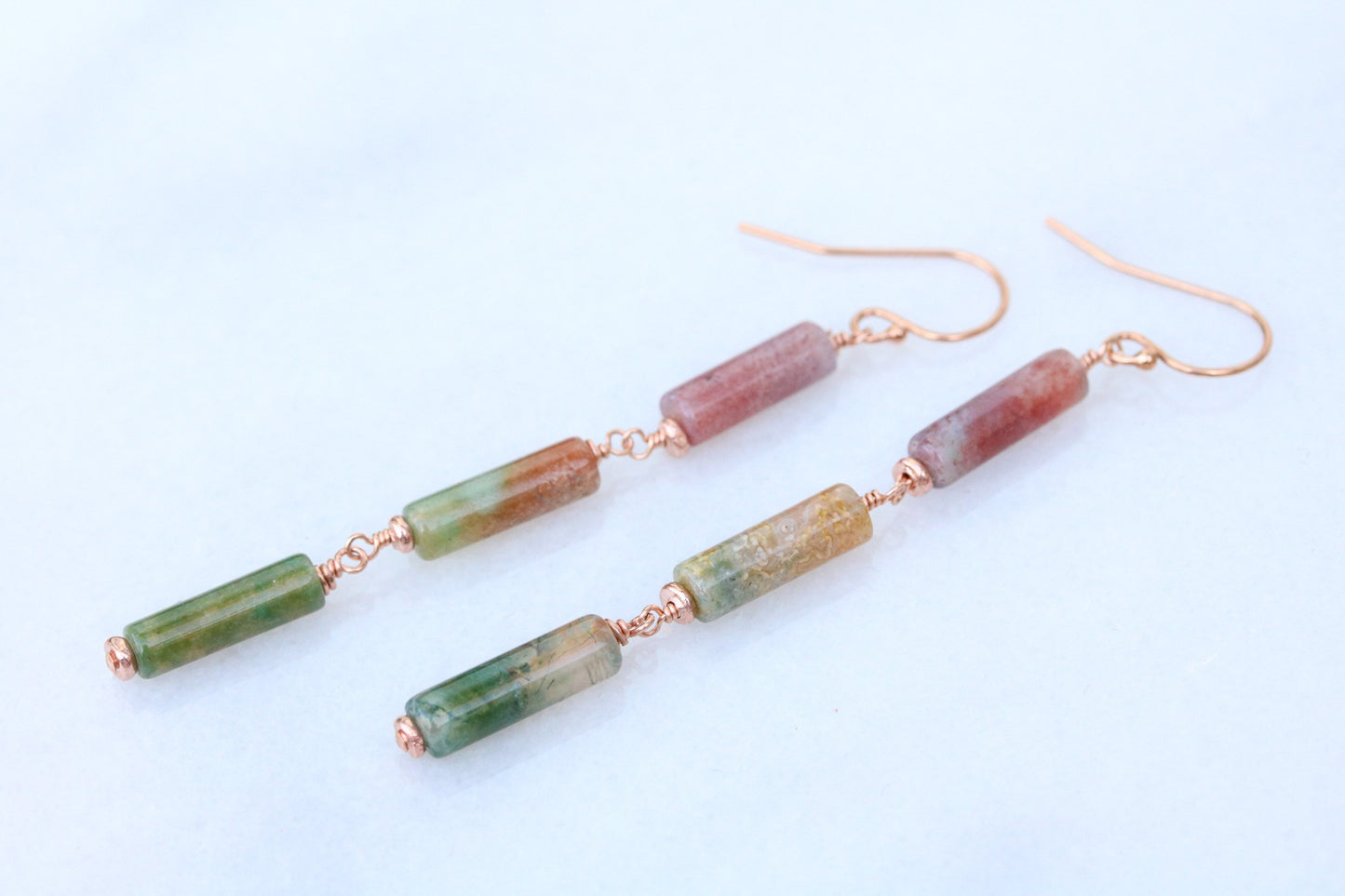 Handmade Indian Agate Rose Gold Fill Dangle Earrings: Watermelon Shades