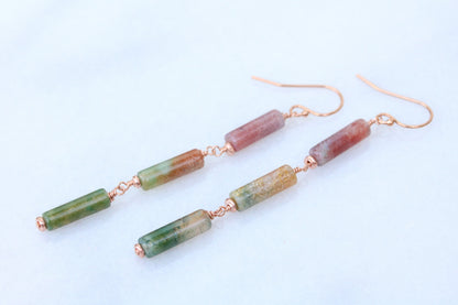 Handmade Indian Agate Rose Gold Fill Dangle Earrings: Watermelon Shades