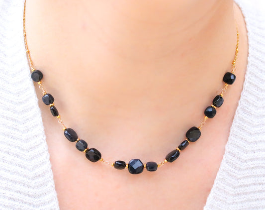 Handmade Black Onyx Gold Necklace: Faceted Cushion Cut Gemstone