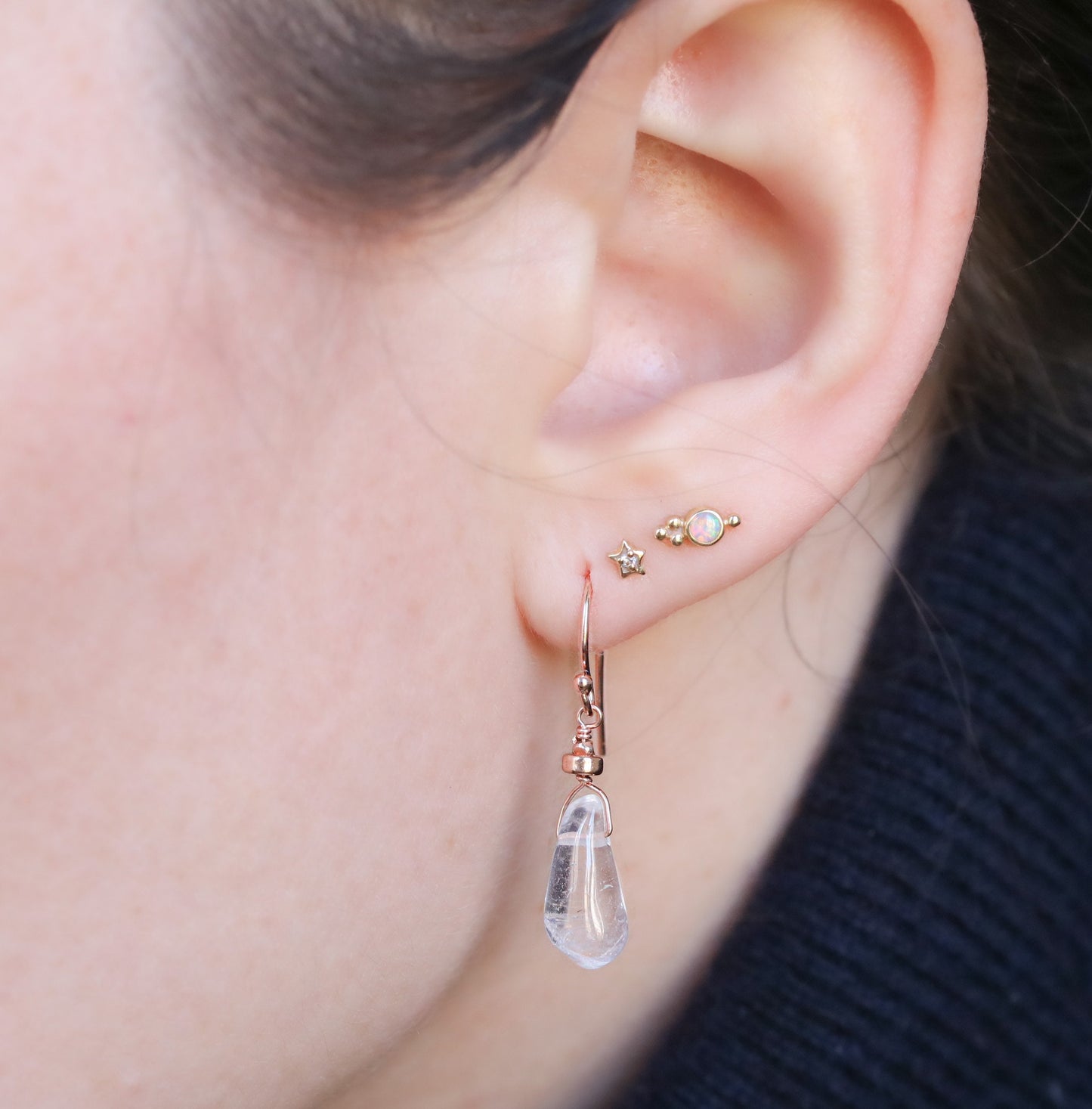 Clear Quartz Drop Earrings: Rose Gold, Karen Hill Tribe Beads, Handmade