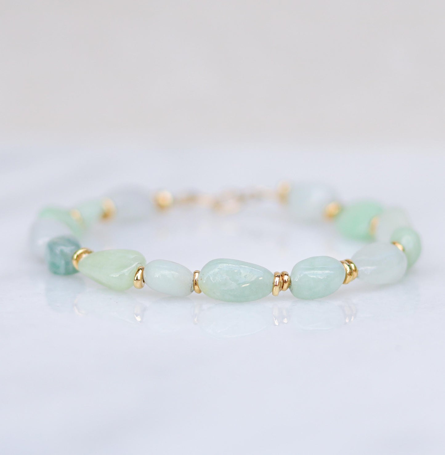 Handmade Jade Beaded Bracelet: Mint Green & White Gemstone with Gold Vermeil