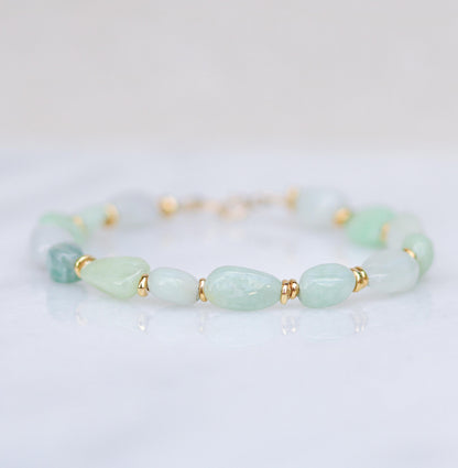 Handmade Jade Beaded Bracelet: Mint Green & White Gemstone with Gold Vermeil