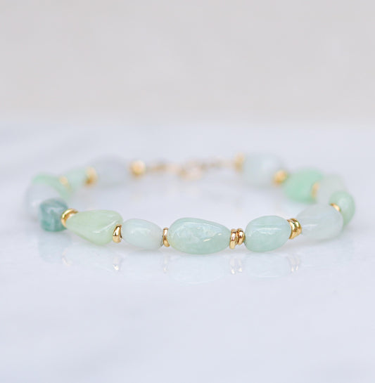 Handmade Jade Beaded Bracelet: Mint Green & White Gemstone with Gold Vermeil