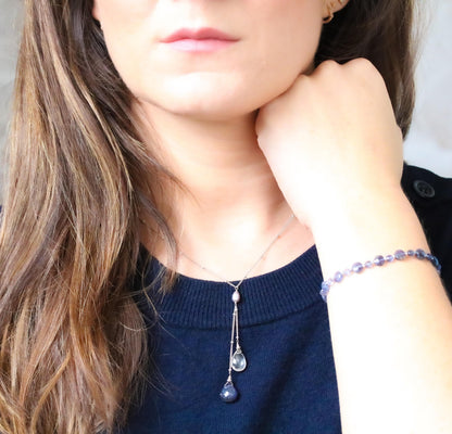 Iolite & Quartz Lariat Necklace: Solid Silver Gemstone Jewelry