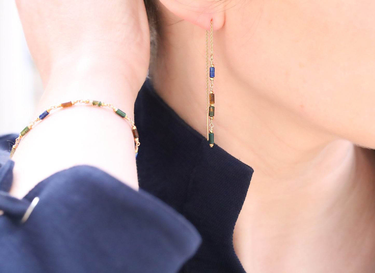 Lapis Lazuli Agate Bracelet: Gold Fill Chain, Karen Hill Tribe Beads