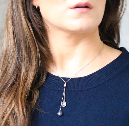 Iolite & Quartz Lariat Necklace: Solid Silver Gemstone Jewelry