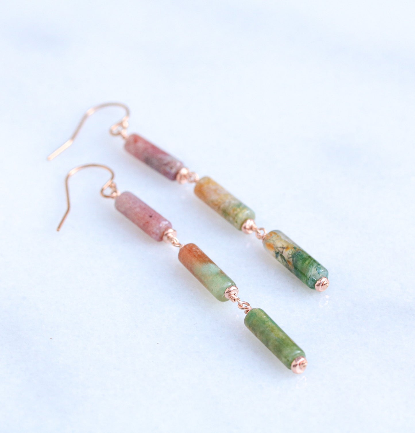 Handmade Indian Agate Rose Gold Fill Dangle Earrings: Watermelon Shades