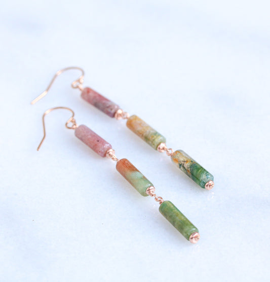Handmade Indian Agate Rose Gold Fill Dangle Earrings: Watermelon Shades