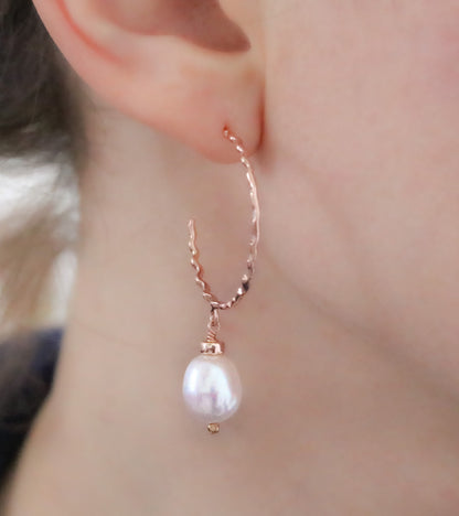 Bridal White Freshwater Pearl Rose Gold Vermeil Hammered Hoop Earrings Wedding Jewellery June Birthstone Gift Idea for Women Bride to Be