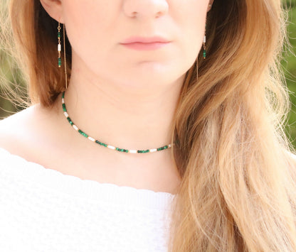 Handmade Malachite & Sea Bamboo Threader Earrings: Gold Fill or Sterling Silver
