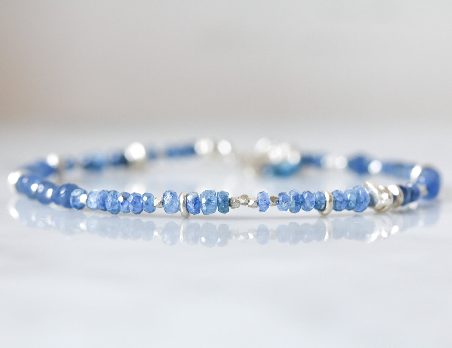 Handmade Sapphire Bracelet: Karen Hill Tribe Silver Nugget Bead, September Birthstone