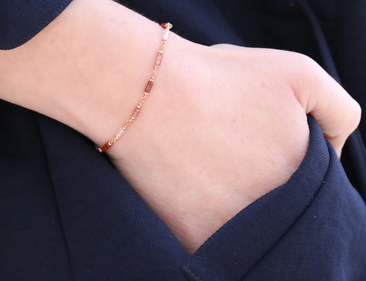 Pink Agate Rose Quartz Bracelet: Rose Gold Filled Chain