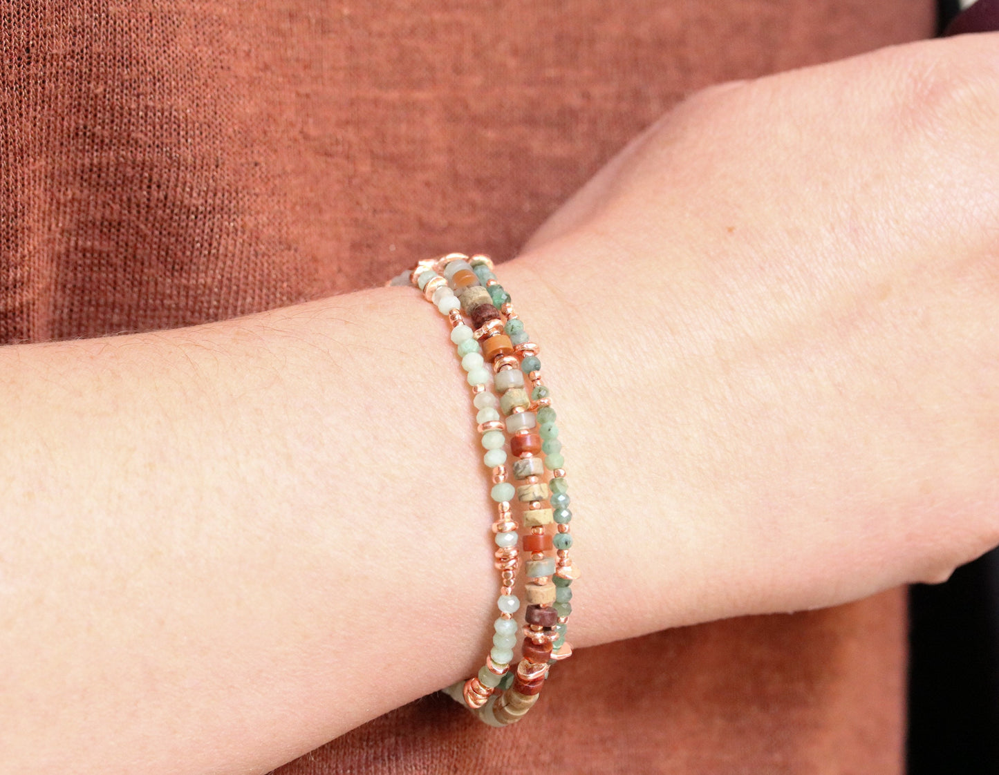 Handmade Aqua Terra Jasper Bracelet: Rose Gold Heishi Bead Jewelry