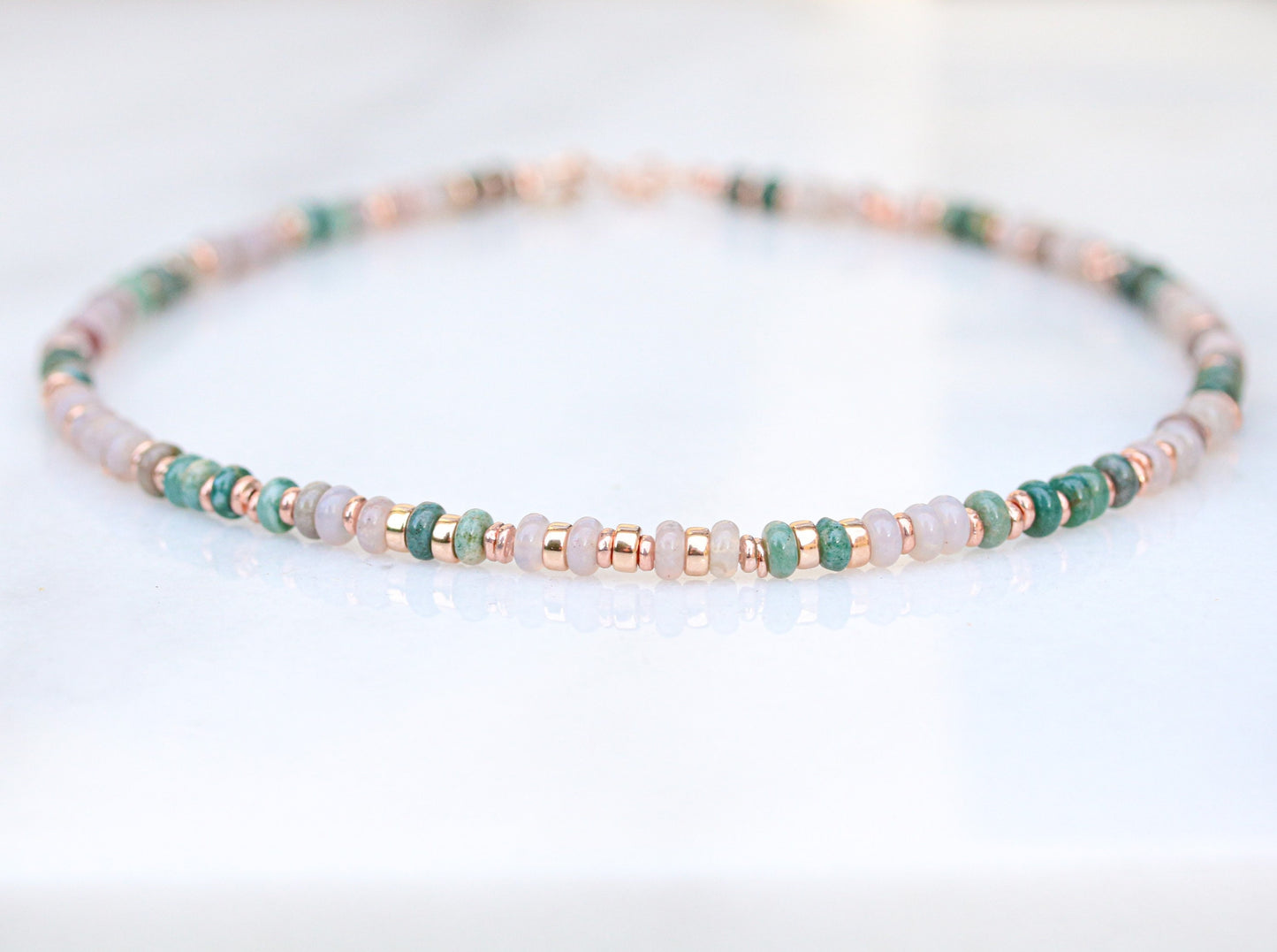 Indian Agate Heishi Choker: Rose Gold Necklace, Pastel Pink & Mint Green