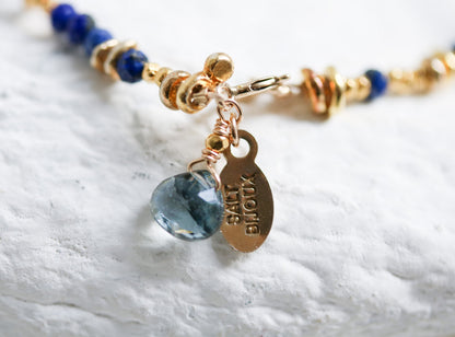Handmade Gold Lapis Lazuli Bracelet with Tourmaline Charm