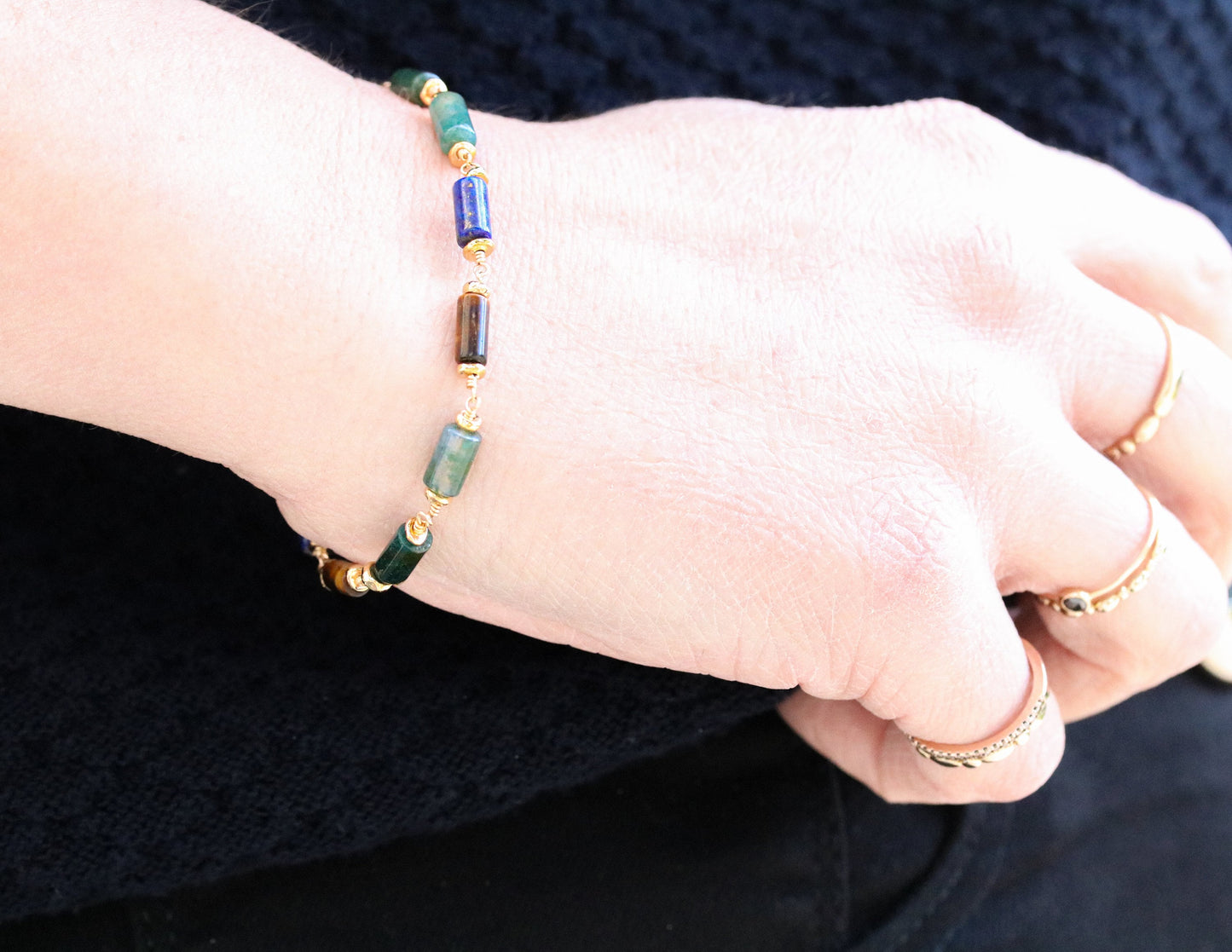 Lapis Lazuli Agate Bracelet: Gold Fill Chain, Karen Hill Tribe Beads