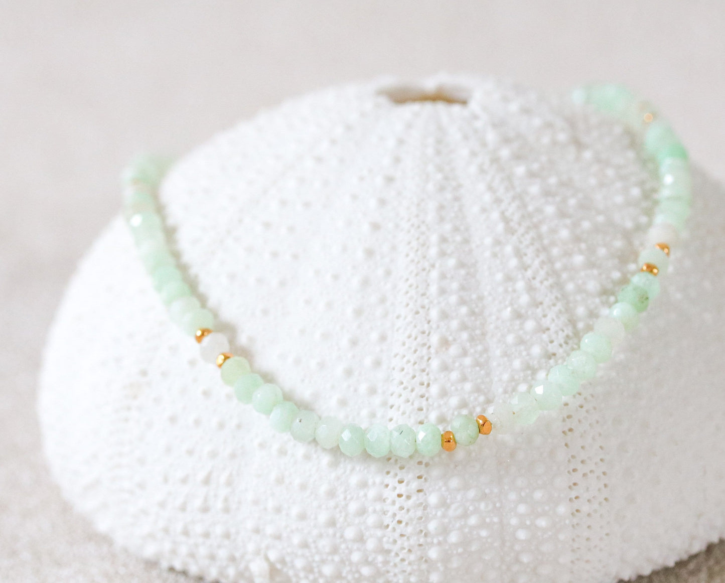 Faceted Pale Green Opal Necklace: Karen Hill Tribe Gold Beads, Adjustable