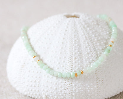Faceted Pale Green Opal Necklace: Karen Hill Tribe Gold Beads, Adjustable