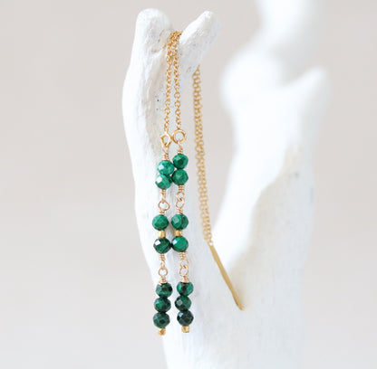 Handmade Malachite Threader Earrings: Rose Gold Fill, Taurus Birthstone