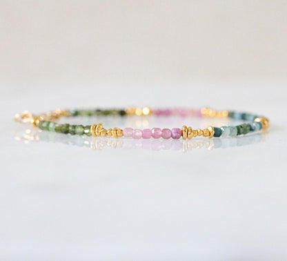 Faceted Tourmaline Mini Cube Bracelet: Gold Karen Hill Tribe Beads
