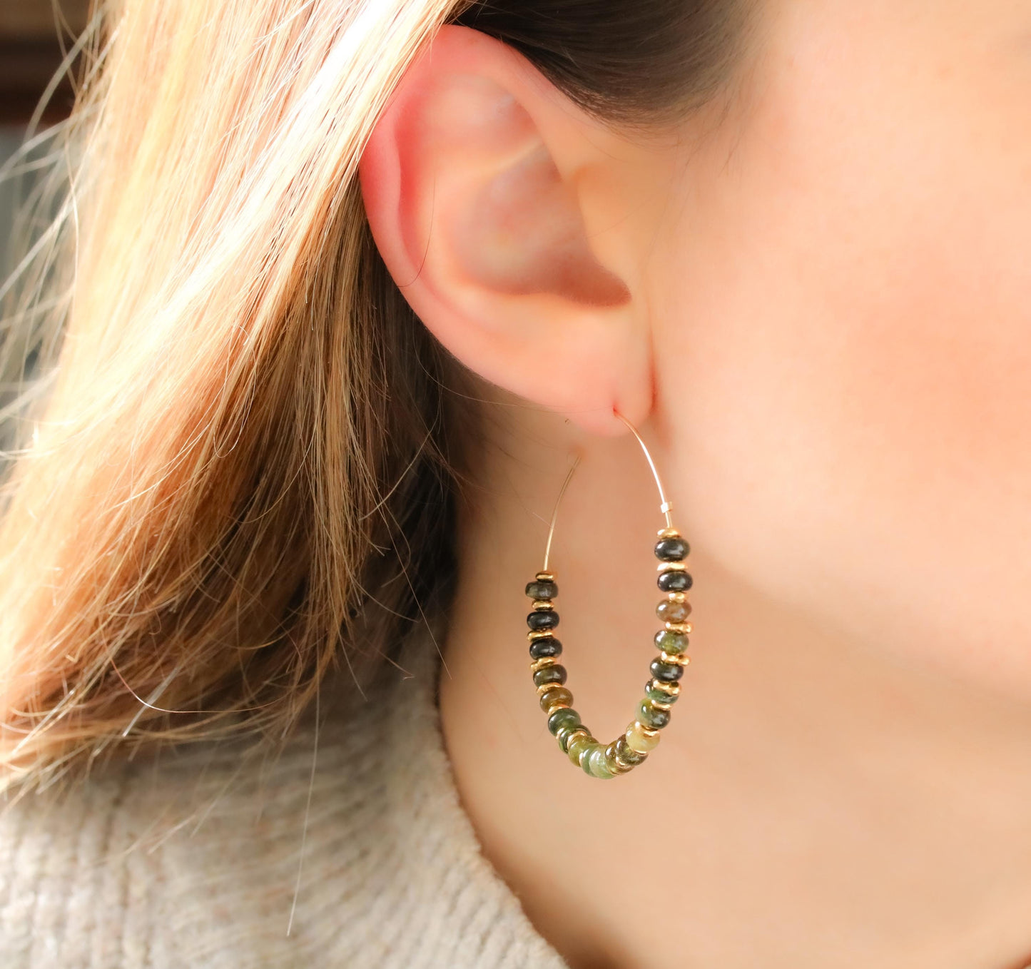 Handmade Green Tourmaline Hoop Earrings: 14k Gold Fill Gemstone Hoops