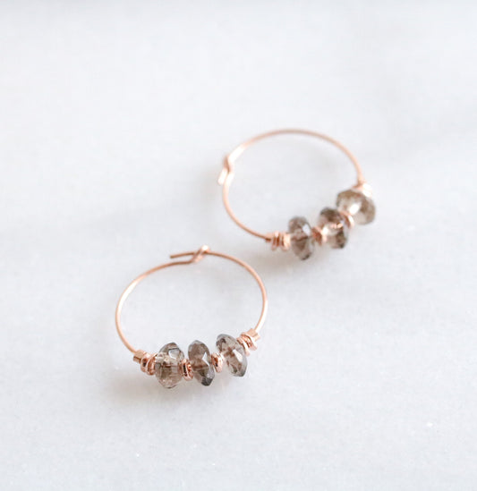 Smoky Quartz Rose Gold Filled Hoops: Scorpio Birthstone Earrings