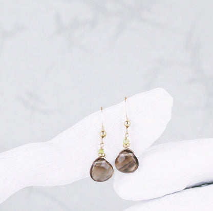 Handmade Gold Smoky Quartz Drop Earrings with Sapphires