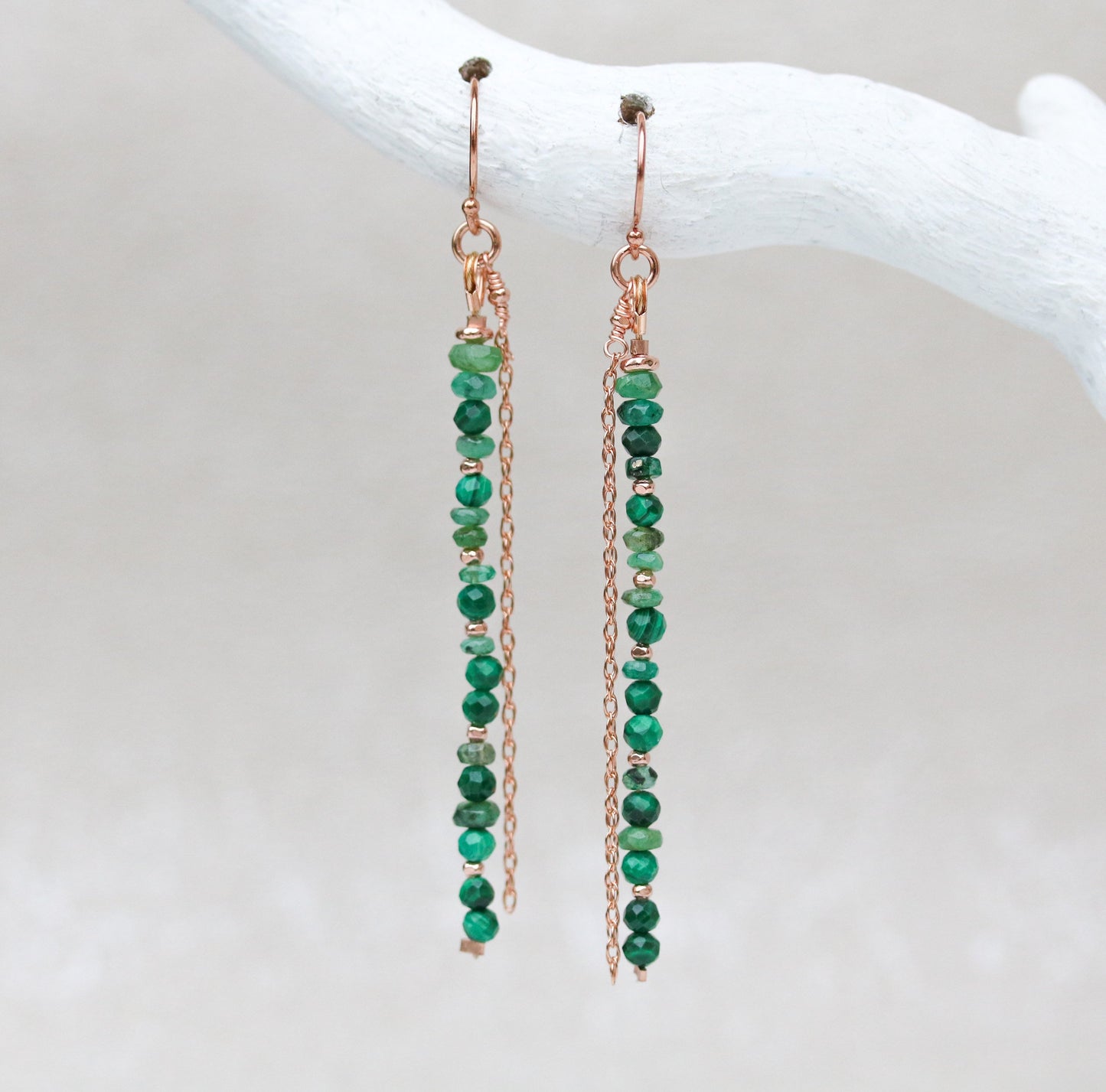 Emerald Malachite Drop Earrings: Rose Gold Vermeil Dangle Earrings