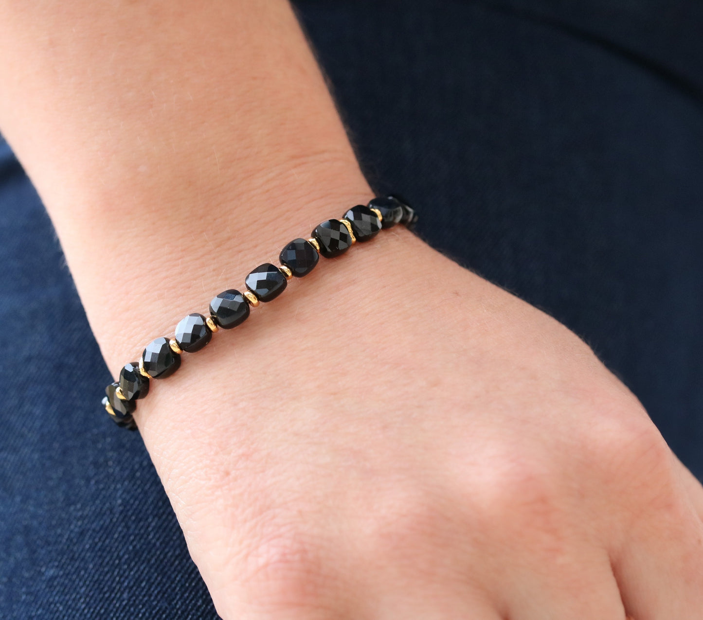 Stylish Black Agate Karen Hill Tribe Gold Fill Square Faceted Cushion Bracelet Gift Idea for GirlsValentines Day Gift IdeaMothers Day