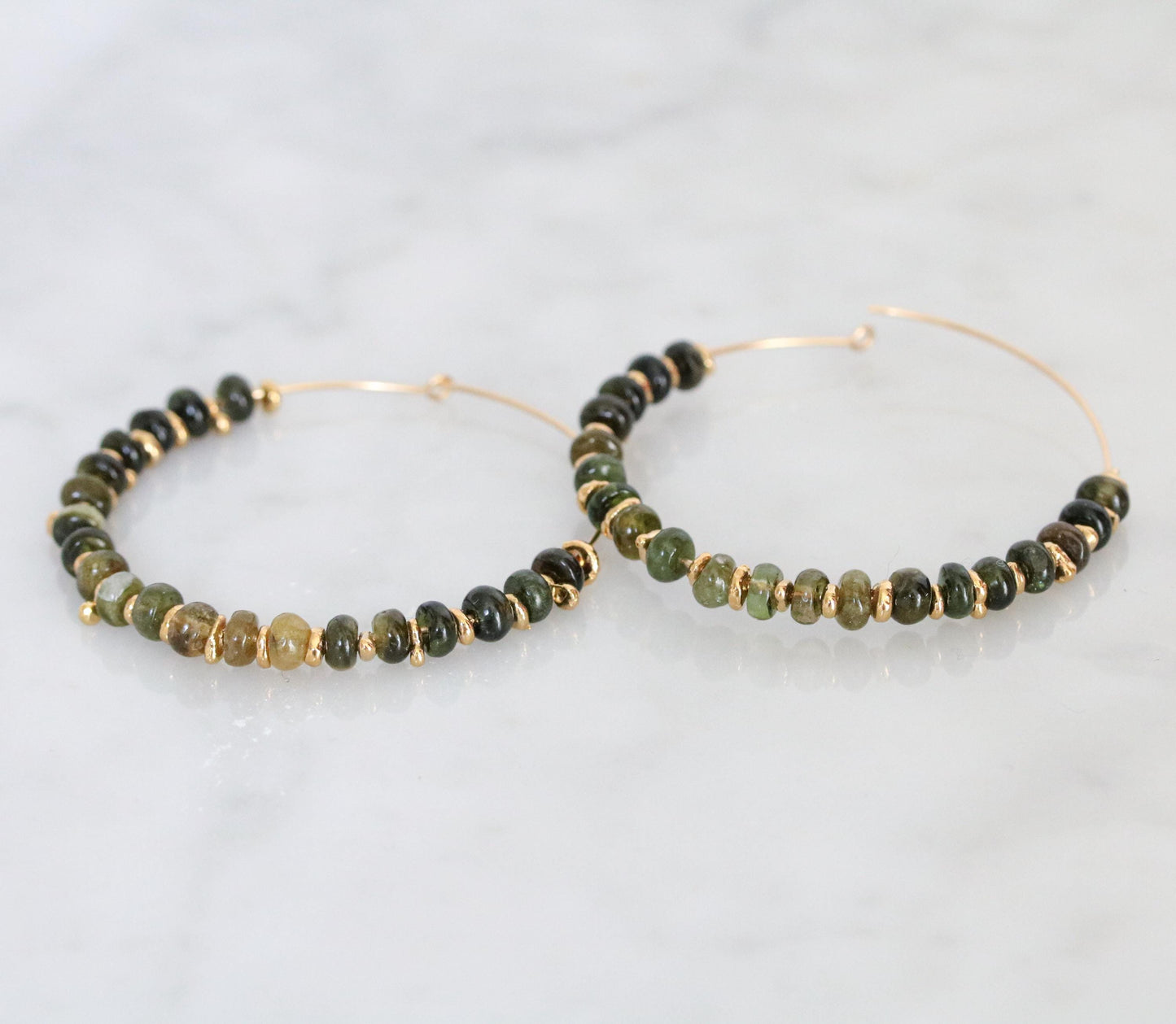 Handmade Green Tourmaline Hoop Earrings: 14k Gold Fill Gemstone Hoops