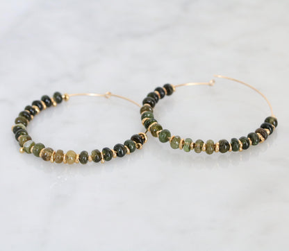 Handmade Green Tourmaline Hoop Earrings: 14k Gold Fill Gemstone Hoops