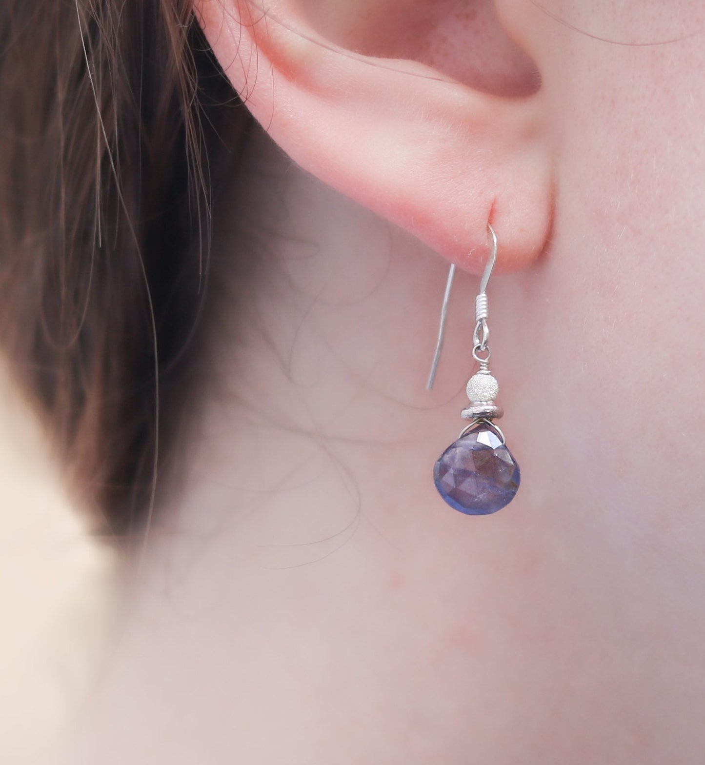Faceted Iolite Gemstone Sterling Silver Drop Earrings - Handmade Paris