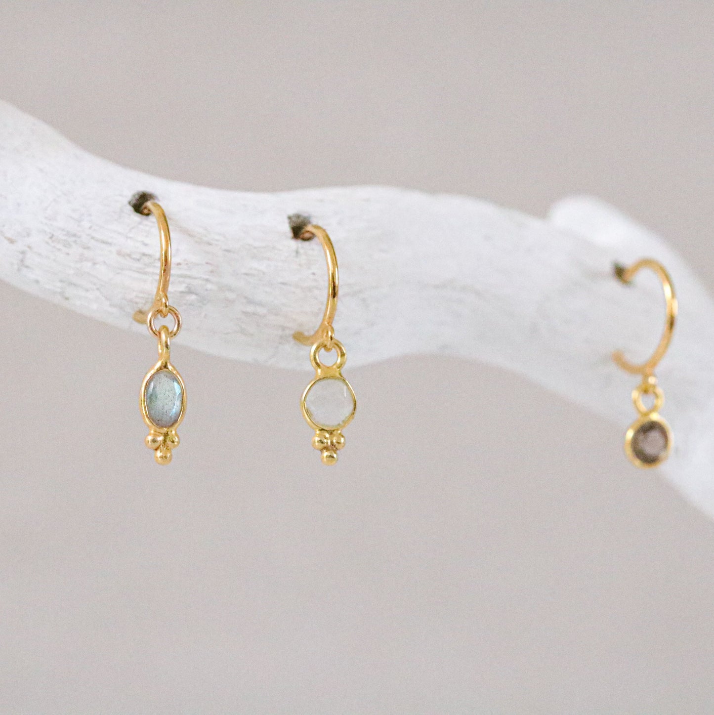 Moonstone, Labradorite & Smoky Quartz Gold Vermeil Huggie Hoop Earrings
