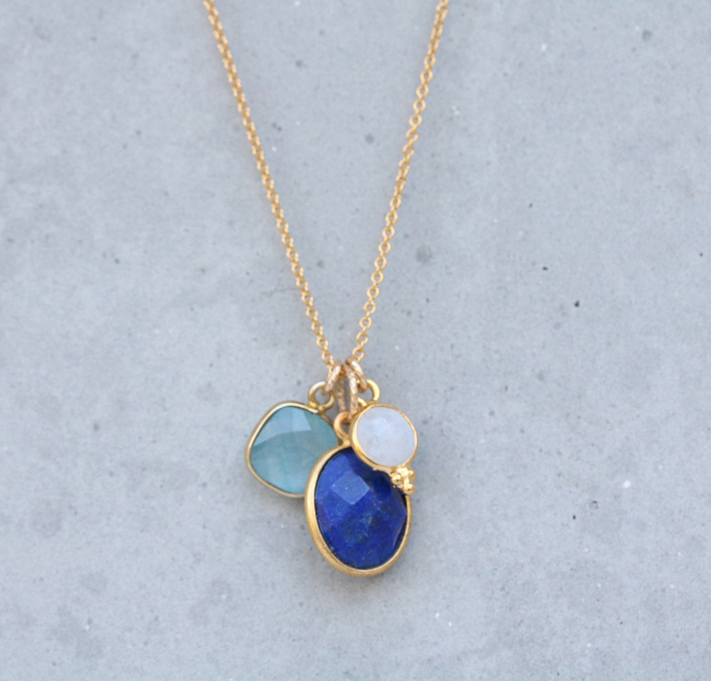 Gold Charm Necklace: Moonstone, Lapis Lazuli & Aqua Chalcedony