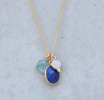 Gold Charm Necklace: Moonstone, Lapis Lazuli & Aqua Chalcedony