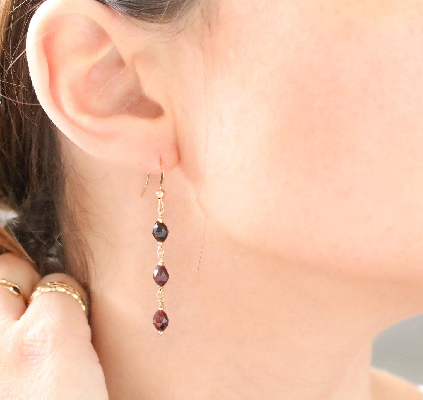 Handmade Garnet Olive Drop Earrings: 14k Gold Fill Dangle Jewelry