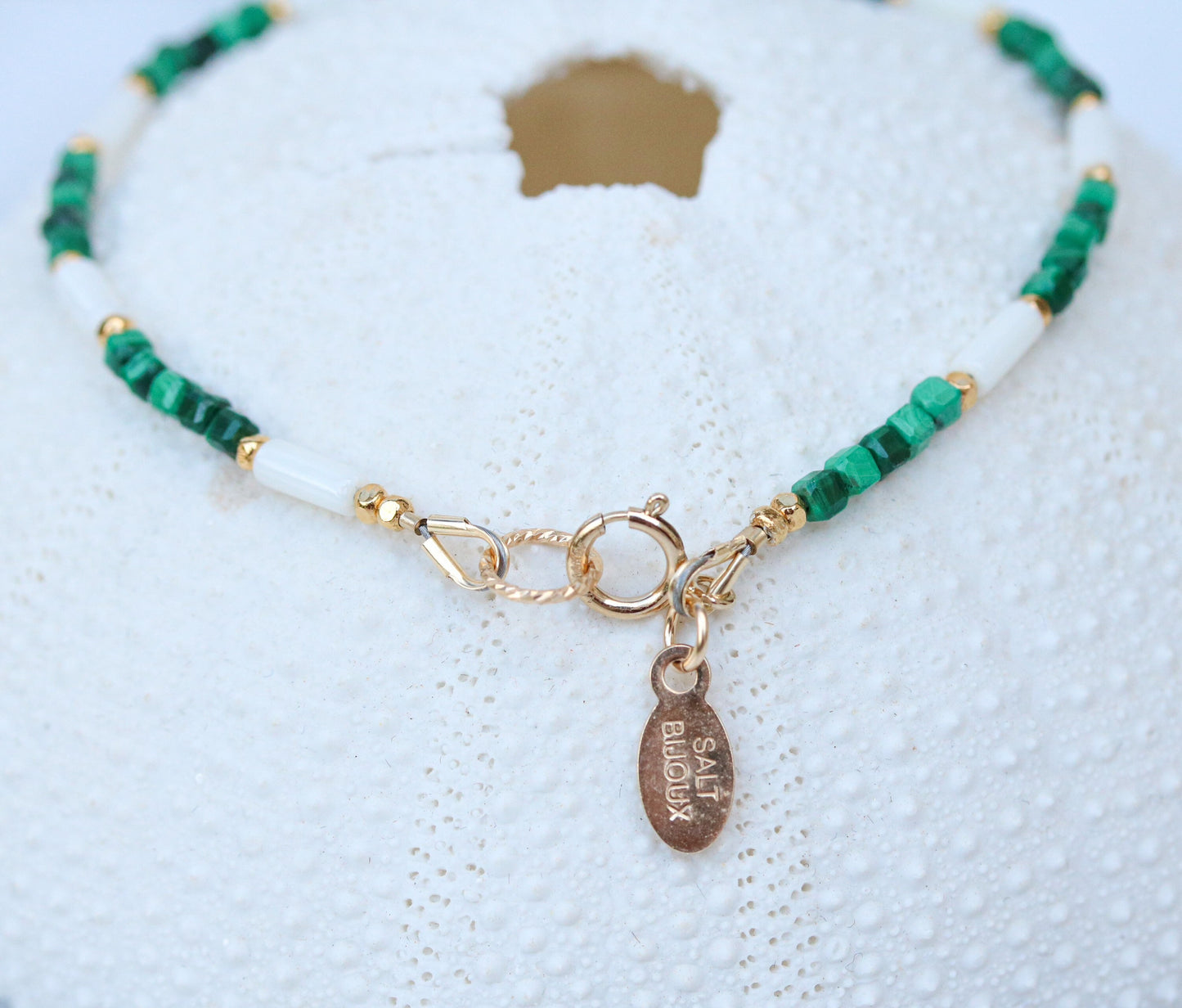 Malachite & Sea Bamboo Bracelet: 14k Gold Filled Accent Beads