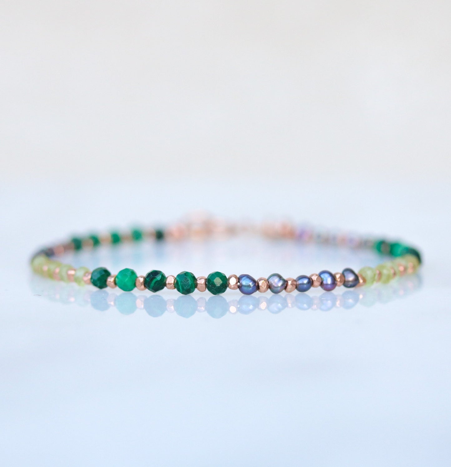 Handmade Pearl & Gemstone Bracelet: Peridot, Malachite, Rose Gold