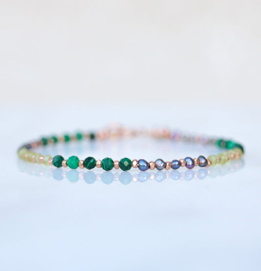 Handmade Pearl & Gemstone Bracelet: Peridot, Malachite, Rose Gold