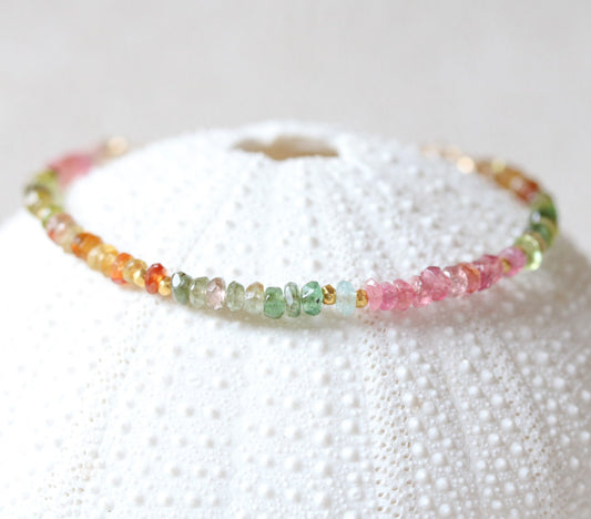 Faceted Tourmaline Bracelet: Gold Karen Hill Tribe Beads, Adjustable Chain