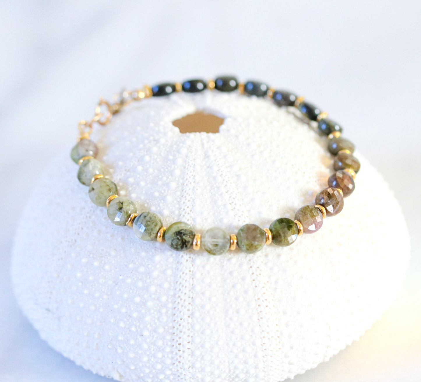 Ombré Green Tourmaline Bracelet: Gold Filled Karen Hill Tribe Beads