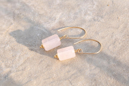 Natural Rose Quartz Earrings | Pink Gemstone Earrings | Gold Filled Drop Earrings | Modern Minimalist Jewellery | Gift for Her